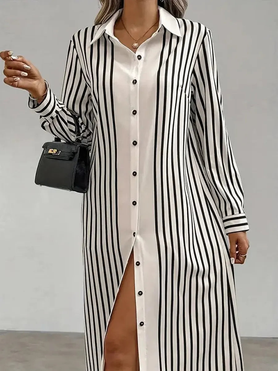 Women's Striped Art Lapel Casual Long Sleeve Cotton Shirt Dress