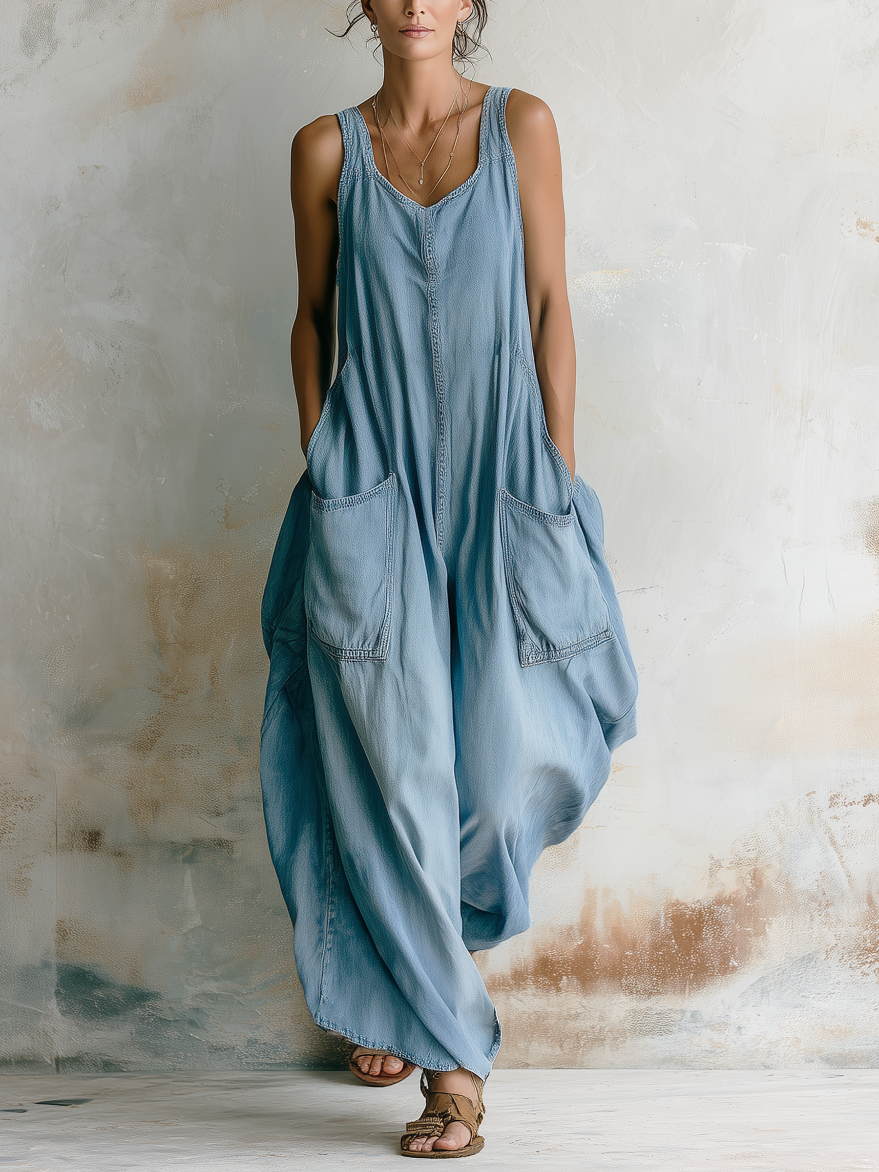 Vintage Washed Denim Sleeveless Jumpsuit