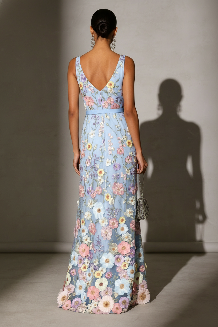 Light Blue Floral Ebroidered Classic V Neck Sleeveless A-Line Floor-length Gown Dress