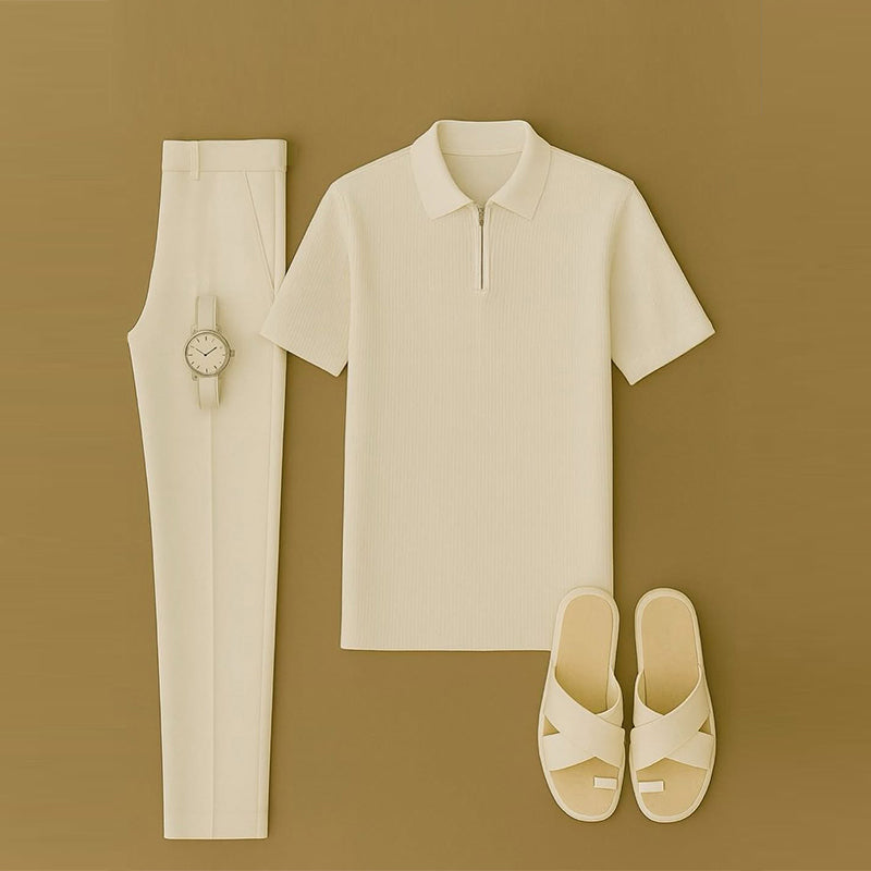 Men's Casual Solid Color Short Sleeved Zipper Polo Shirt & Trousers Two-Piece Set