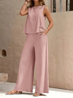 Women's Casual Crew Neck Top And Wide-leg Pants Set