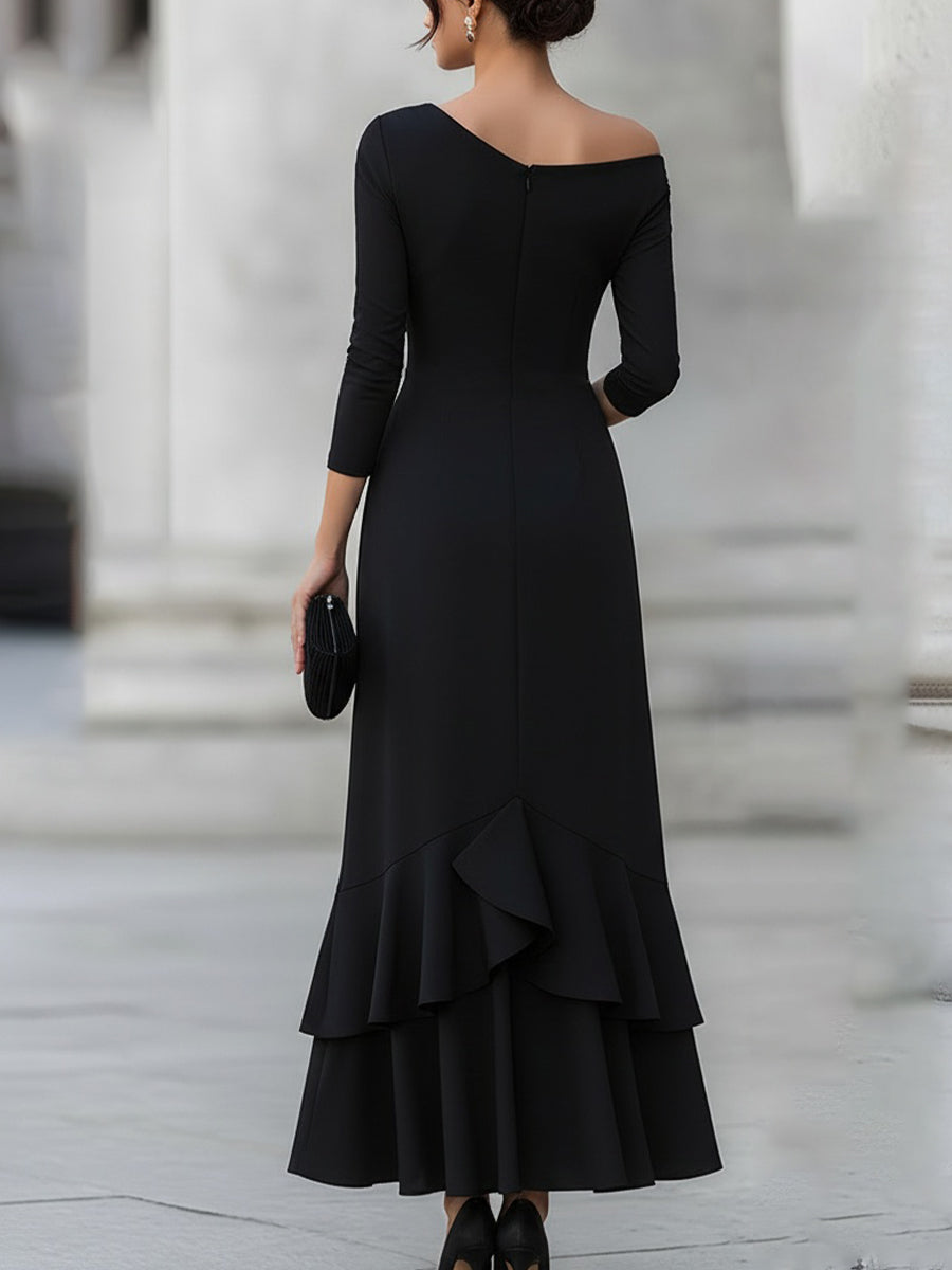 One-Shoulder Ruched Asymmetric Ruffle Hem Maxi Dress
