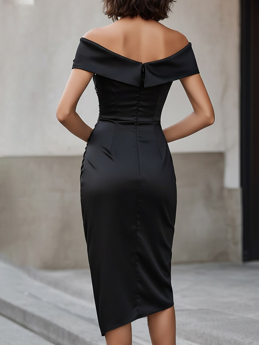 Off Shoulder Ruched Asymmetrical Midi Dress