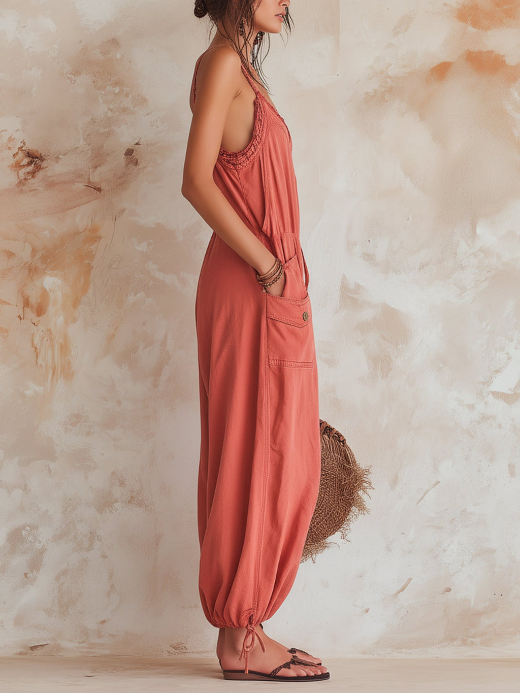 Frayed-Edge Utility Balloon Leg Denim Jumpsuit
