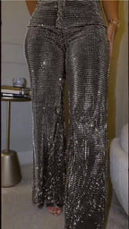 Rhinestone‐Embellished Flare Pants