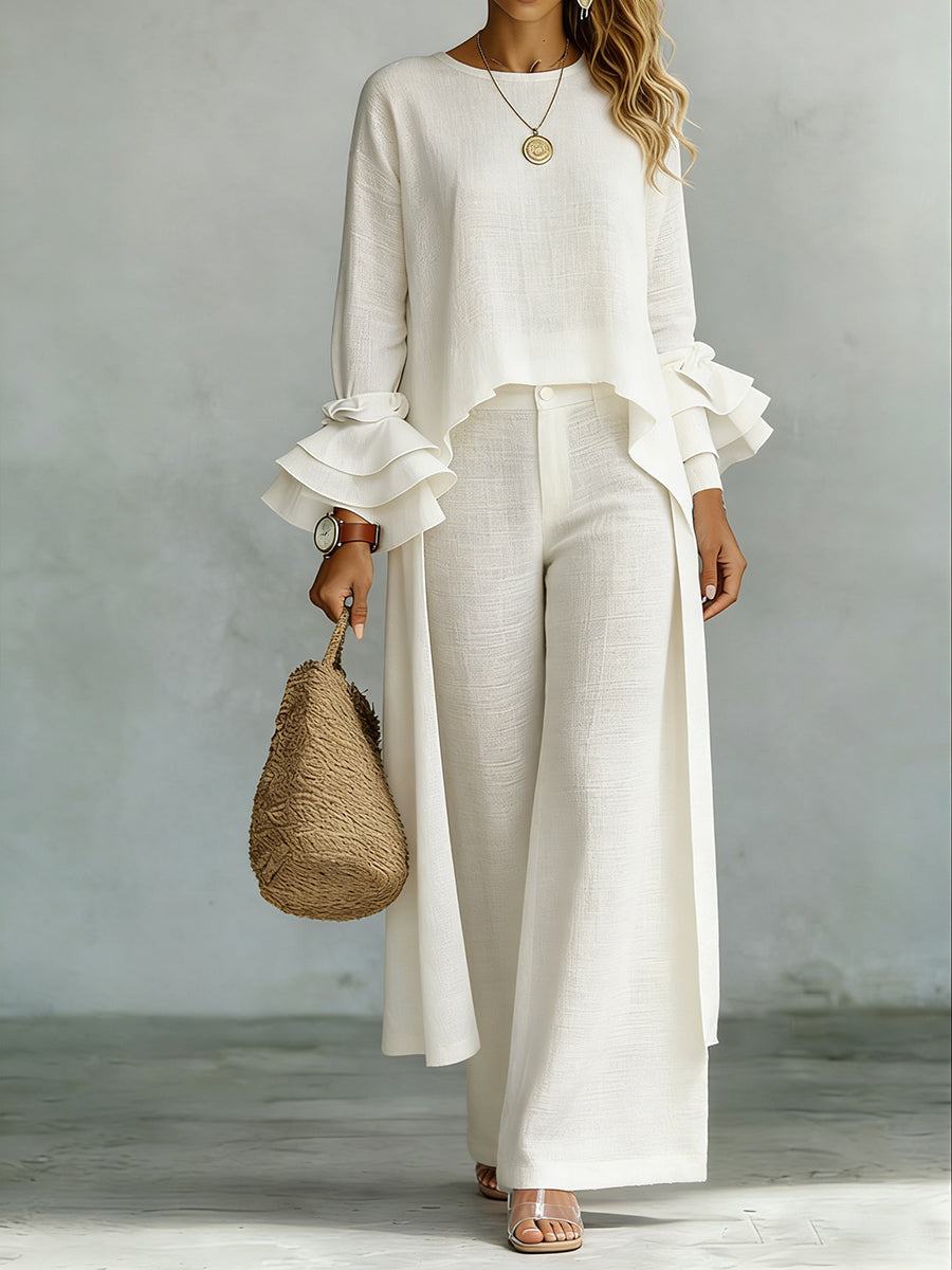 Casual Linen And Cotton Top And Pants Two-piece Set