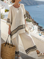 Women's Loose-fitting Casual Versatile Color-blocked Round Neck Flutter Sleeve Shirt Set