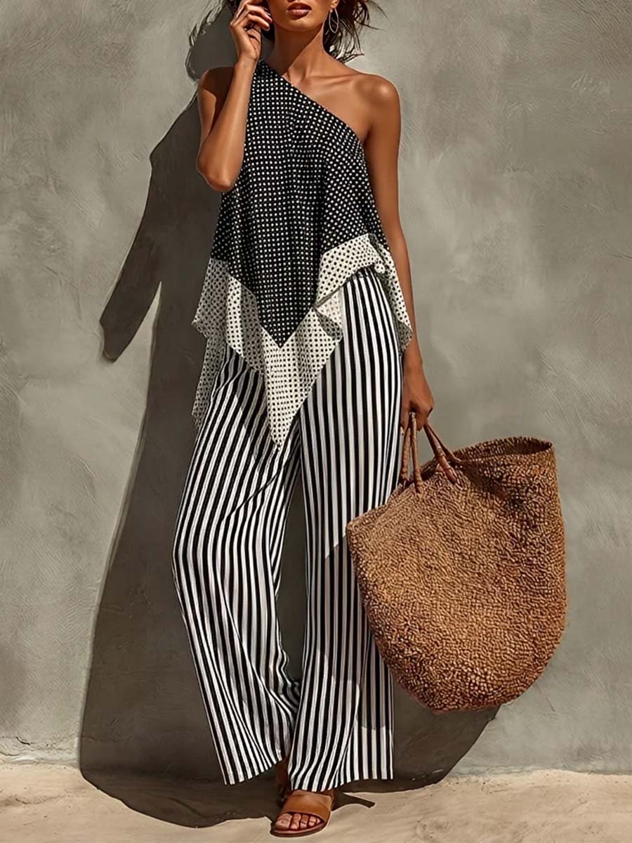 Women's Casual Cotton-linen Set: Off-shoulder Sleeveless Loose-fit Polka-dot Top & High-waisted Striped Wide-leg Pants