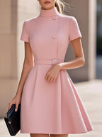 Elegant Black High-Neck Dress with Belted Waist