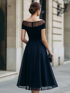 Off-Shoulder Illusion Mesh A-Line Midi Dress