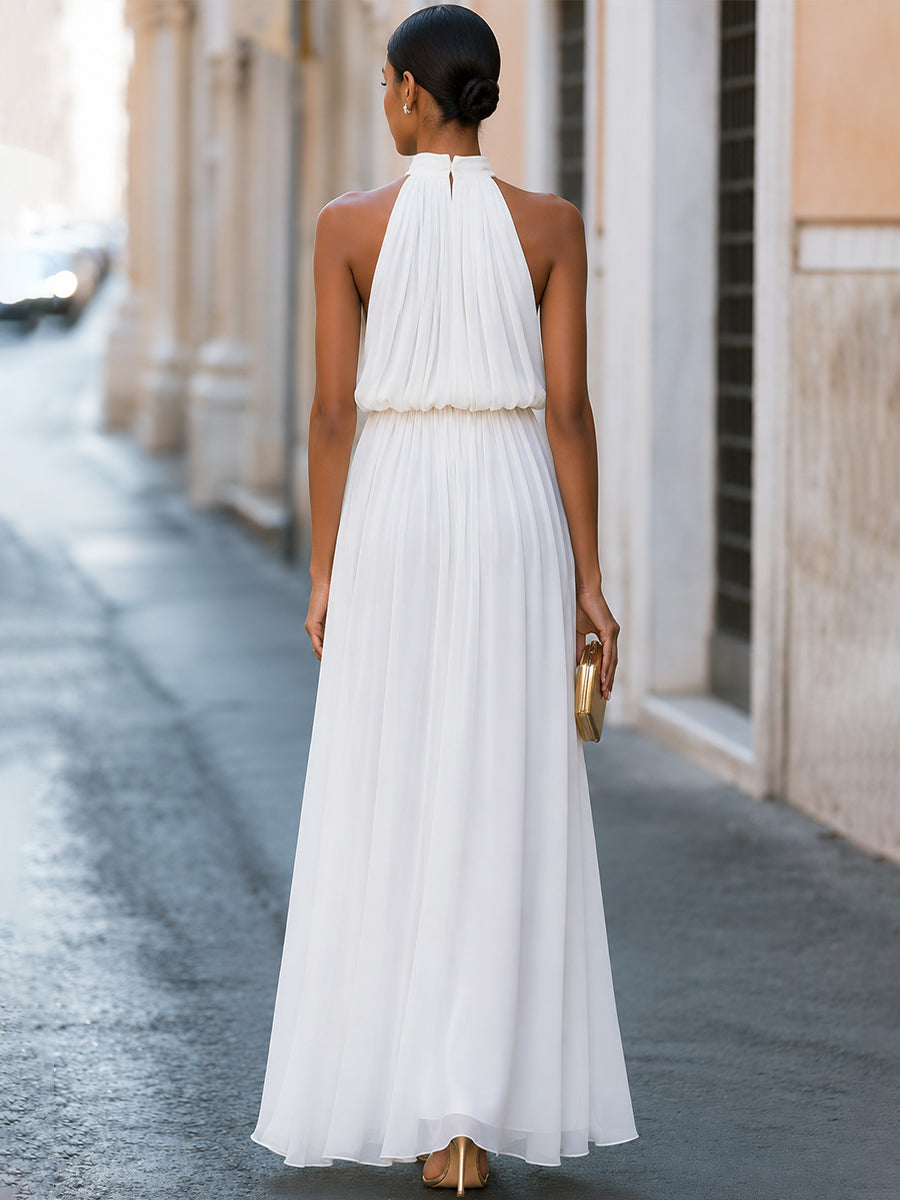 Pleated Halter Neck Ruched Waist Chiffon Maxi Dress