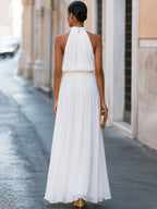Pleated Halter Neck Ruched Waist Chiffon Maxi Dress