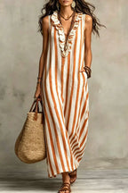 Women's Retro Striped Ruffle Sleeveless Dress
