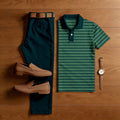 Men's Casual Dark Green Stripes Printed Polo Shirt And Pants Two-Piece Set