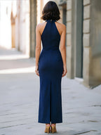 Draped Halter Neck High-Slit Evening Maxi Dress
