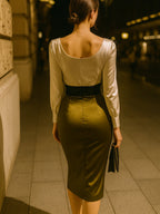 Olive Satin & Lace Contrast Cocktail Dress