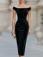 Off-Shoulder Ruched Velvet Midi Dress