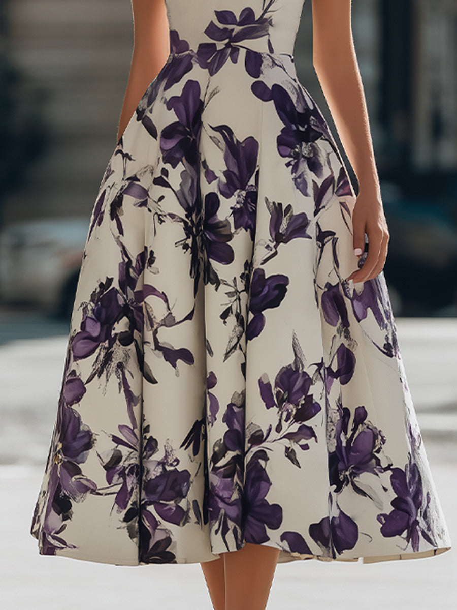 Sleeveless Floral Print A-Line Midi Dress