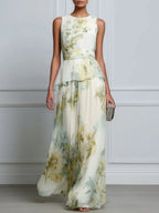 Layered Floral Sleeveless Waist Flowing Maxi Dress