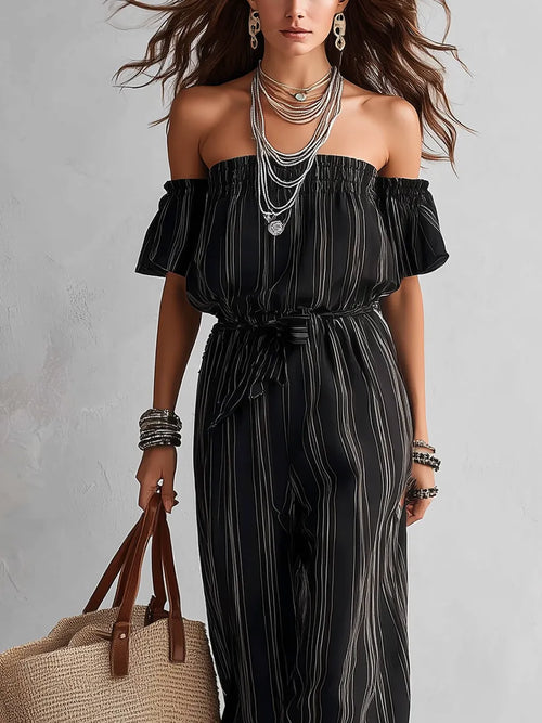 Bohemian Style Black Off-shoulder Striped Jumpsuit