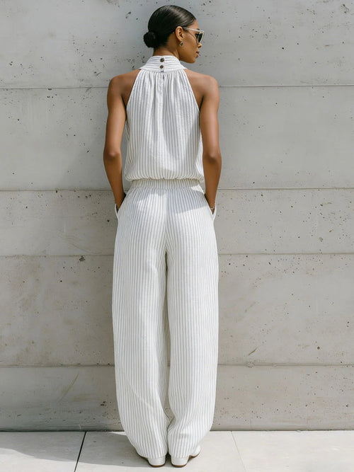 Casual Sleeveless Striped Linen And Cotton Top And Pants Two-piece Set
