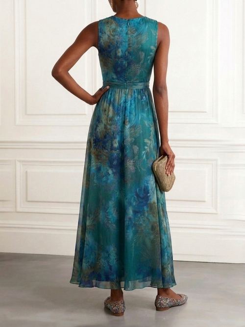 Blue Green Floral Pleated Chiffon V-neck A-line Maxi Dress