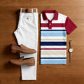 Men's Casual White & Maroon Multi Color Matching Striped Printed Short Sleeved Polo Shirt & Trousers Two-Piece Set