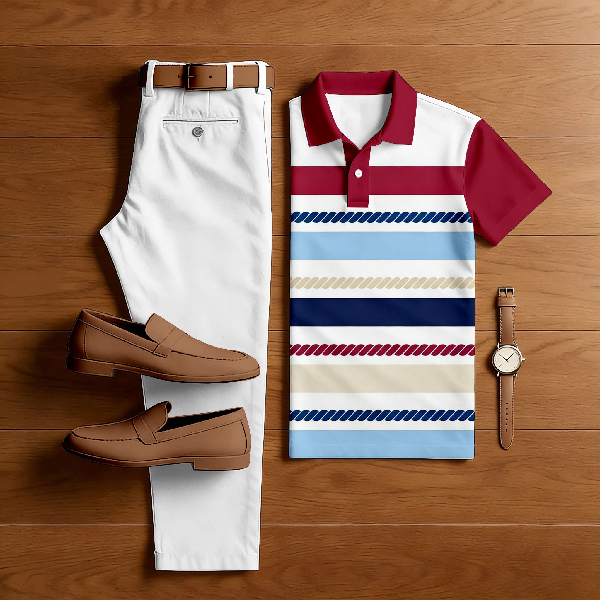 Men's Casual White & Maroon Multi Color Matching Striped Printed Short Sleeved Polo Shirt & Trousers Two-Piece Set