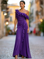 One-Shoulder Tiered Ruffle Chiffon Maxi Dress