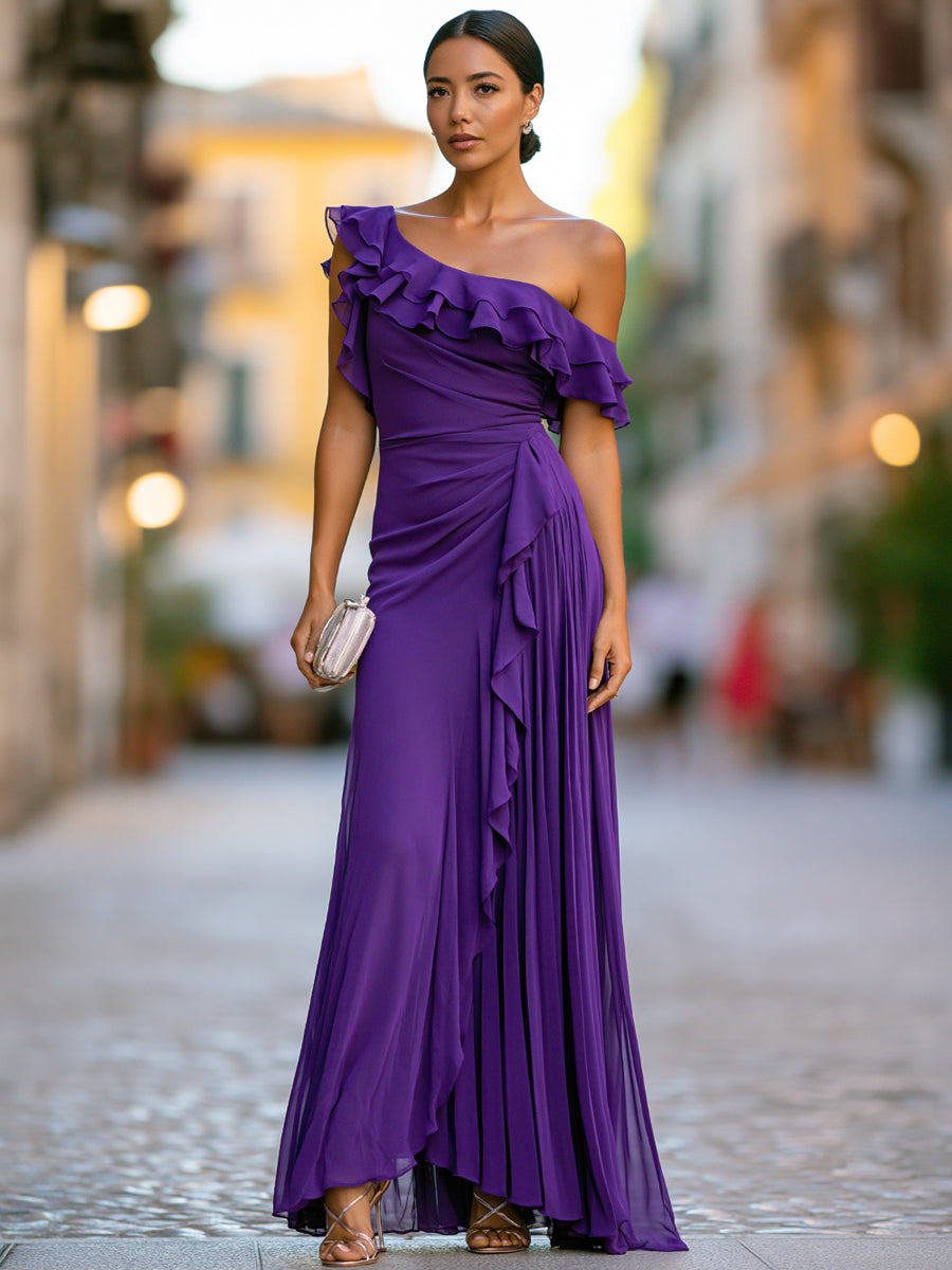 One-Shoulder Tiered Ruffle Chiffon Maxi Dress
