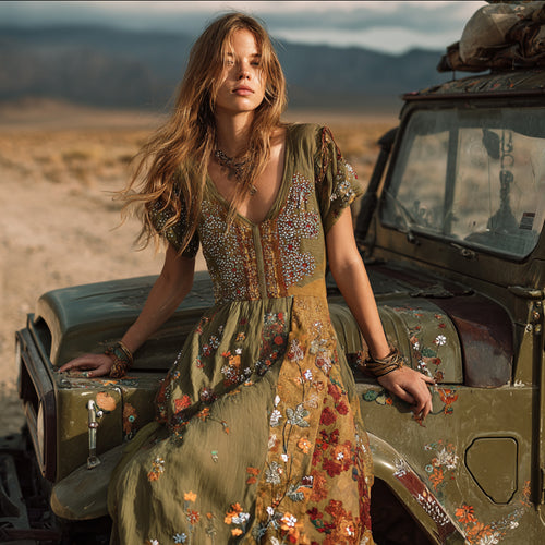 Bohemian Floral Pattern Multi-color Patchwork Three-dimensional Flower Embroidery Vintage Movie Green V-neck Short-sleeved Long Dress