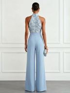 Women Light Blue 3D Floral Halter Neck Sleeveless Dressy Jumpsuit