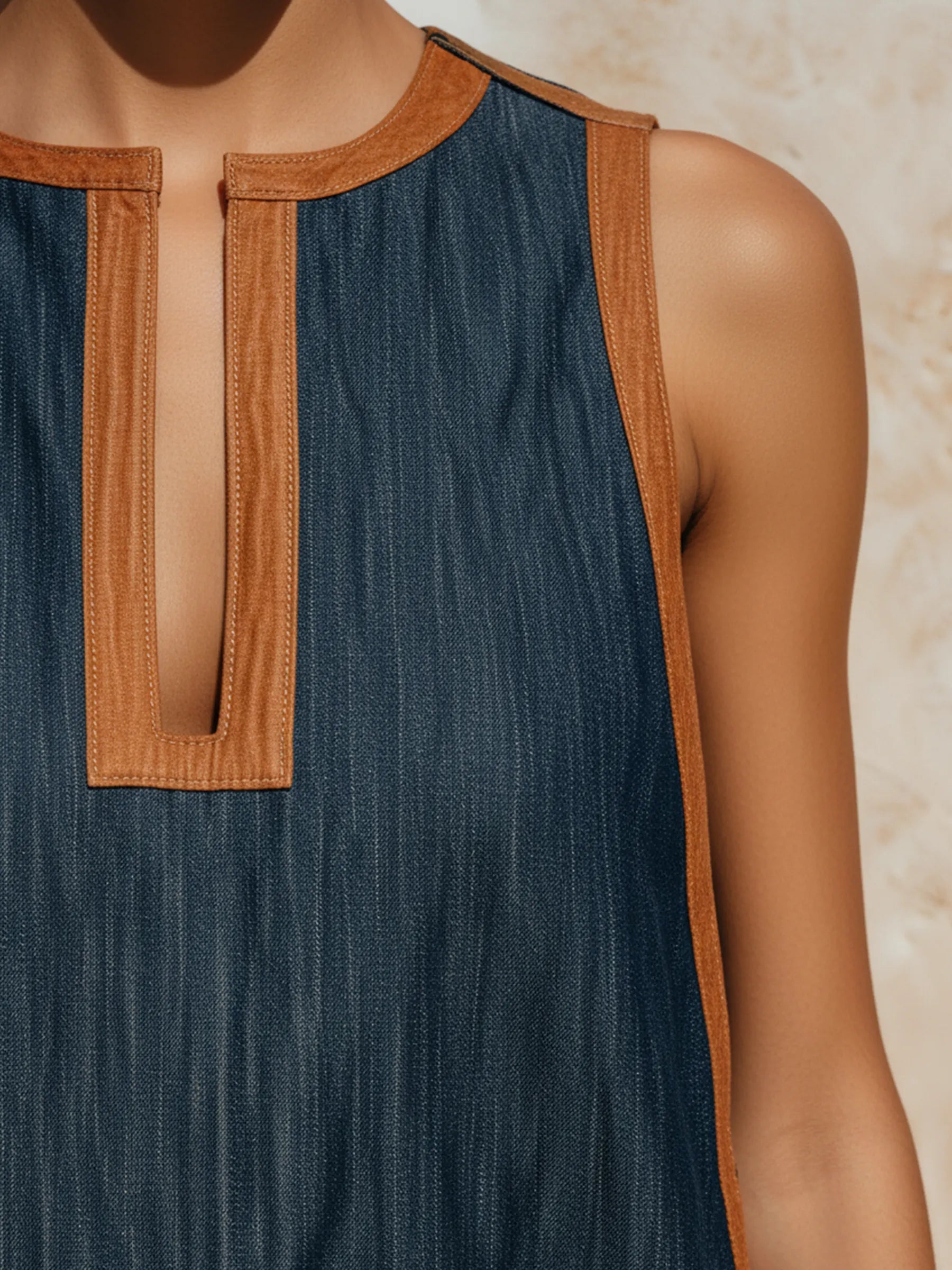 Tencel Denim Contrast Trim Sleeveless Maxi Dress