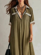 Women's Retro Striped Art Casual Lapel Stylish Cotton Dress