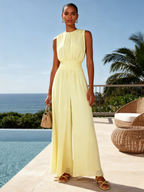 Women Yellow Chiffon Ruched Crew Neck Sleeveless Dressy Jumpsuit