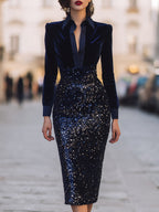 Midnight Velvet & Sequin Contrast Midi Dress