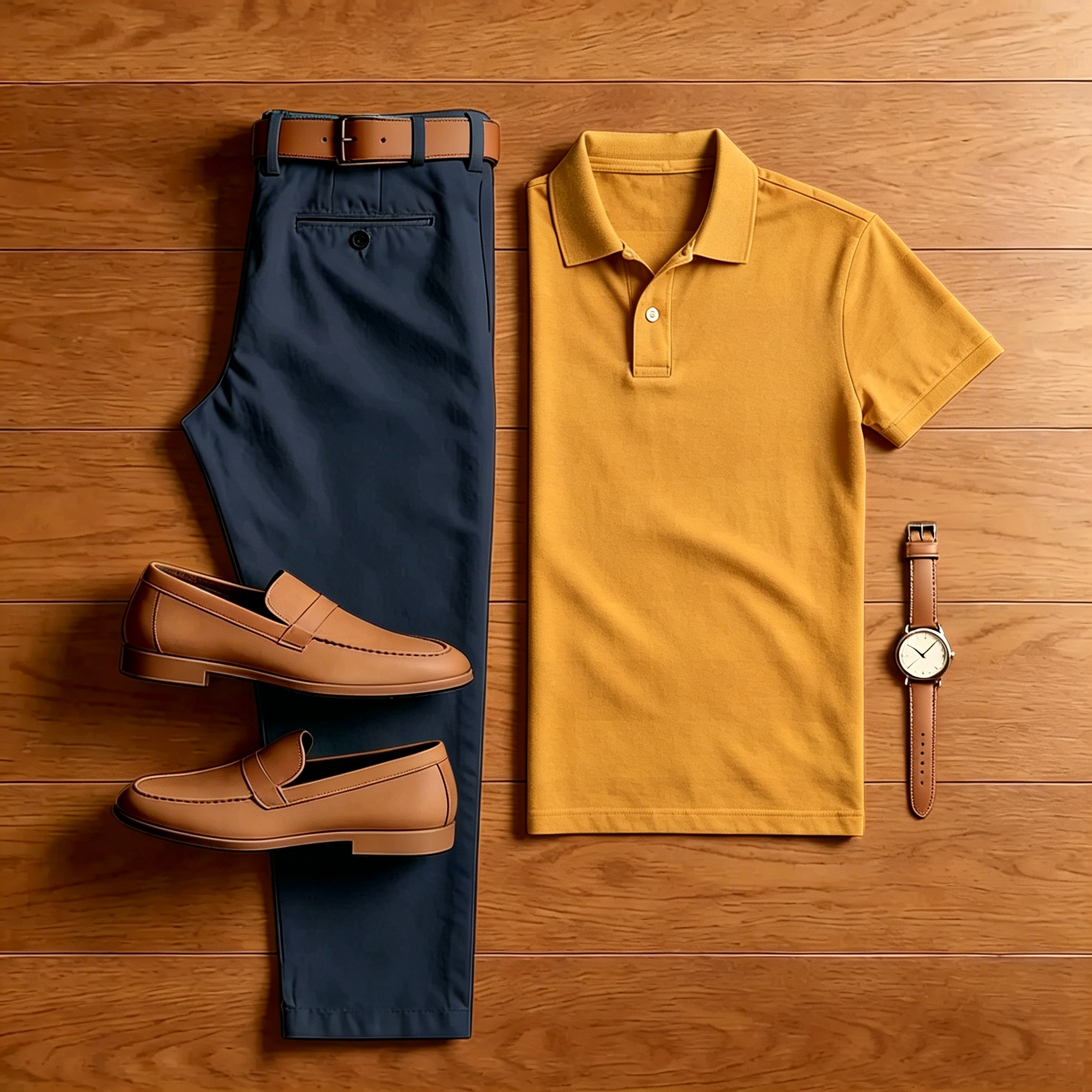Men's Casual Mustard Polo Shirt And Navy Blue Pants Two-Piece Set