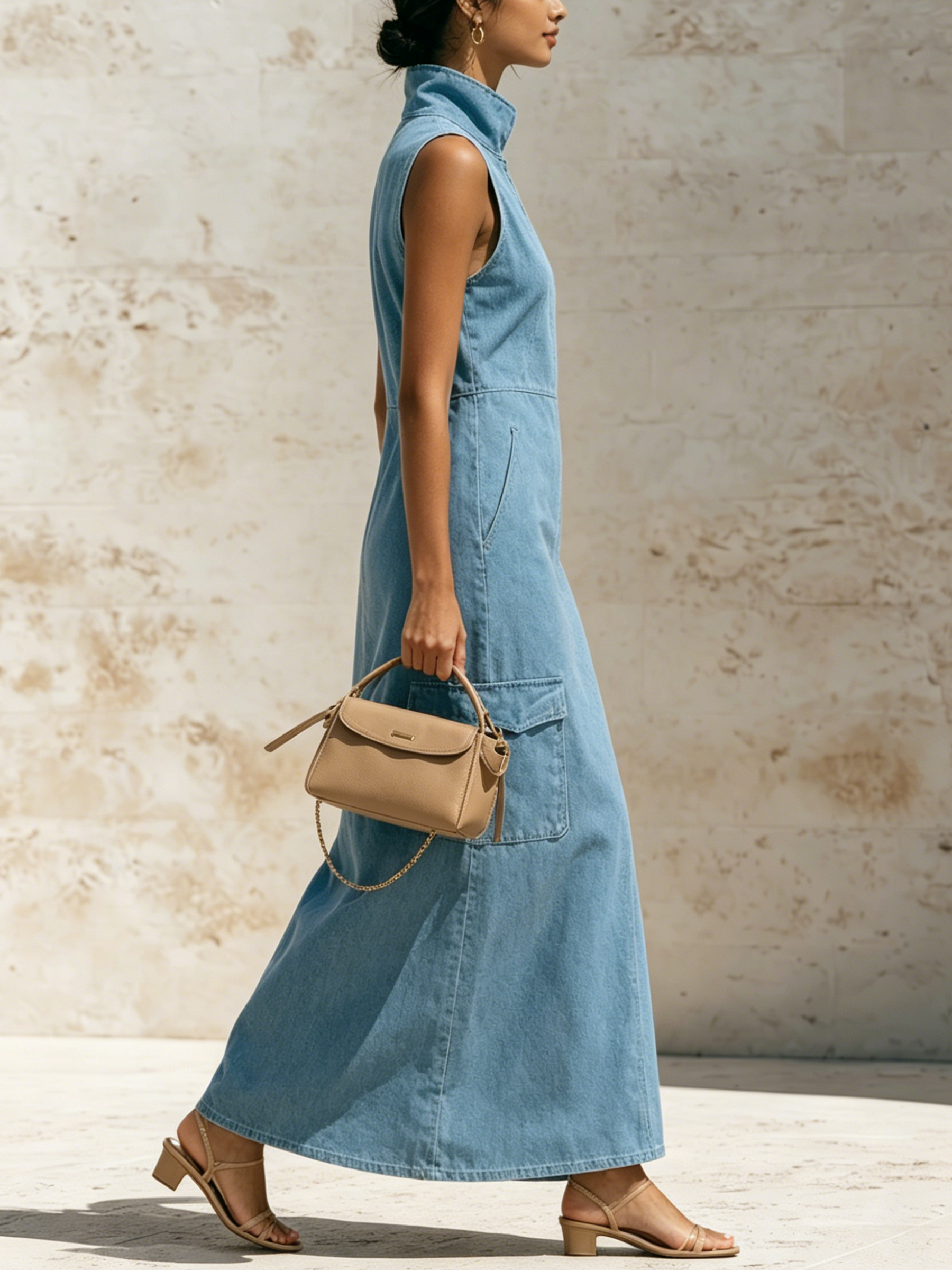 Light Blue Tencel Denim Sleeveless Cargo Maxi Dress With Front Zip