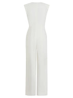 Women White Rhinestone V Neck Cap Sleeve Dressy Jumpsuit