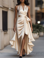Midnight Elegance Satin Halter Ruffle Gown