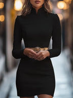 Elegant White Mandarin Collar Dress with Belt Design