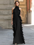 Midnight Elegance Ruffled Halter Pleated Chiffon Maxi Gown