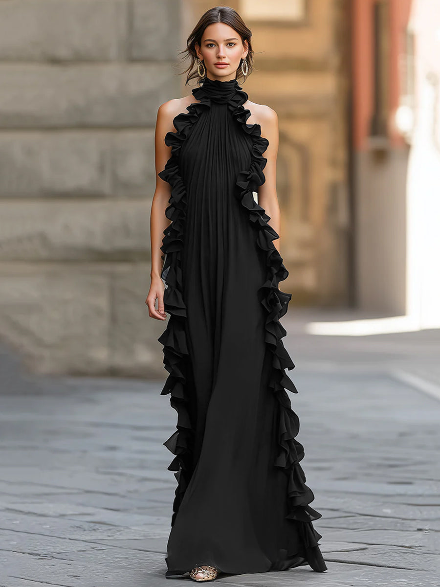 Midnight Elegance Ruffled Halter Pleated Chiffon Maxi Gown