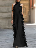 Midnight Elegance Ruffled Halter Pleated Chiffon Maxi Gown