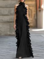 Midnight Elegance Ruffled Halter Pleated Chiffon Maxi Gown