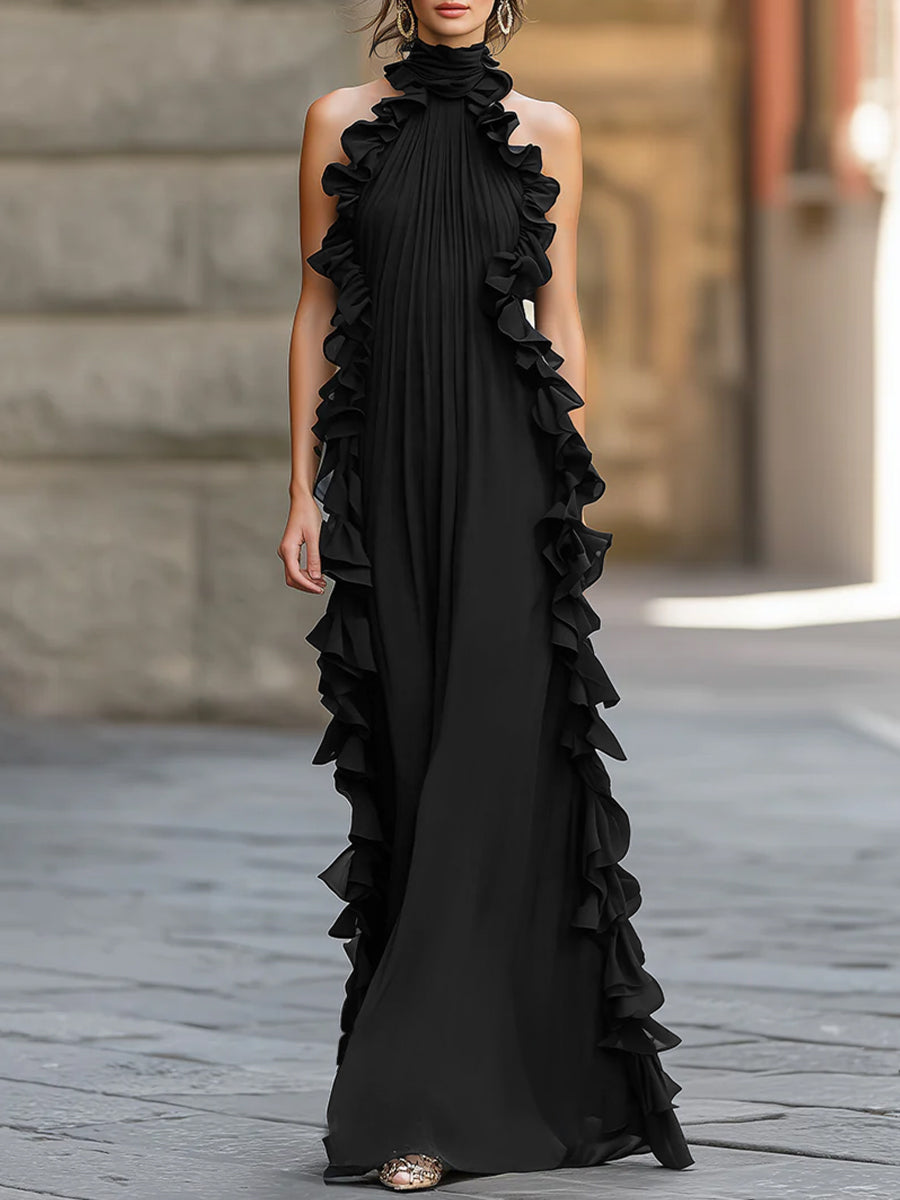 Midnight Elegance Ruffled Halter Pleated Chiffon Maxi Gown