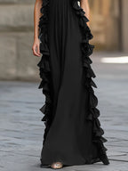 Midnight Elegance Ruffled Halter Pleated Chiffon Maxi Gown