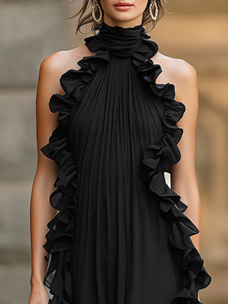 Midnight Elegance Ruffled Halter Pleated Chiffon Maxi Gown