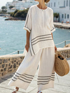 Women's Loose-fitting Casual Versatile Color-blocked Round Neck Flutter Sleeve Shirt Set