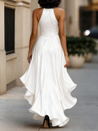 Midnight Elegance Satin Halter Ruffle Gown